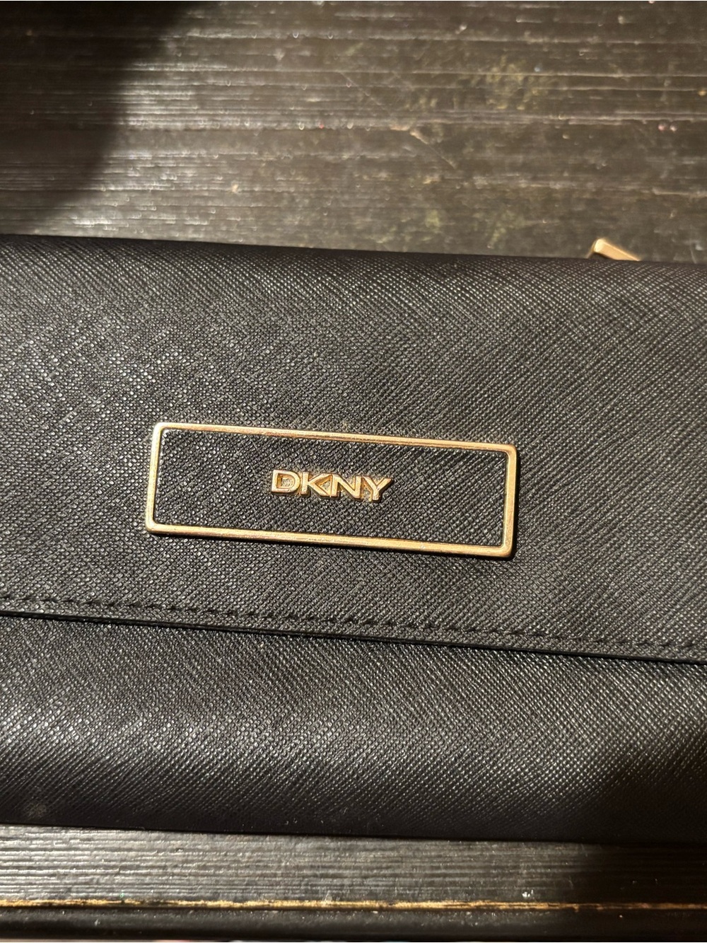 DKNY Black Saffiano Leather Wallet with Gold Logo Plaque with Flaws